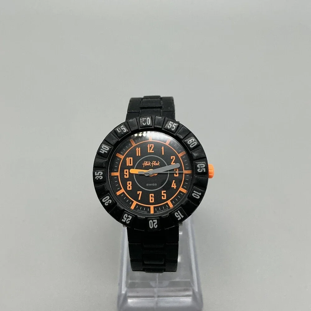 Flik Flak ID43 Boys Watch 34mm Black Orange Dial Rubber Swiss New Battery
